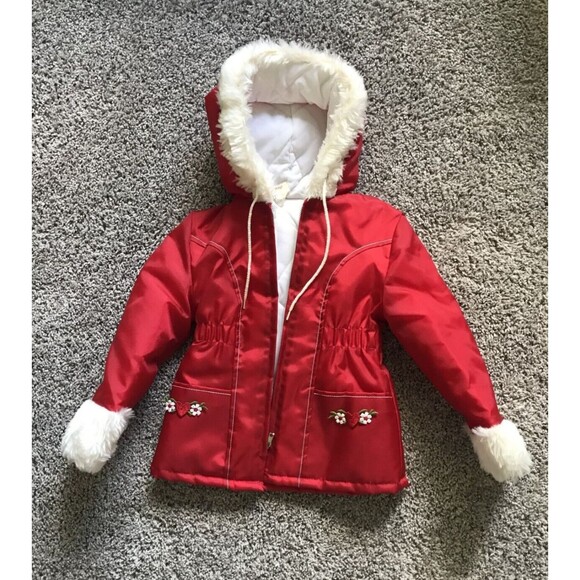VTG Toddler Girls Red Hooded Quilted Lined Jacket Embroided Flower & Heart SZ 4T - Picture 2 of 6
